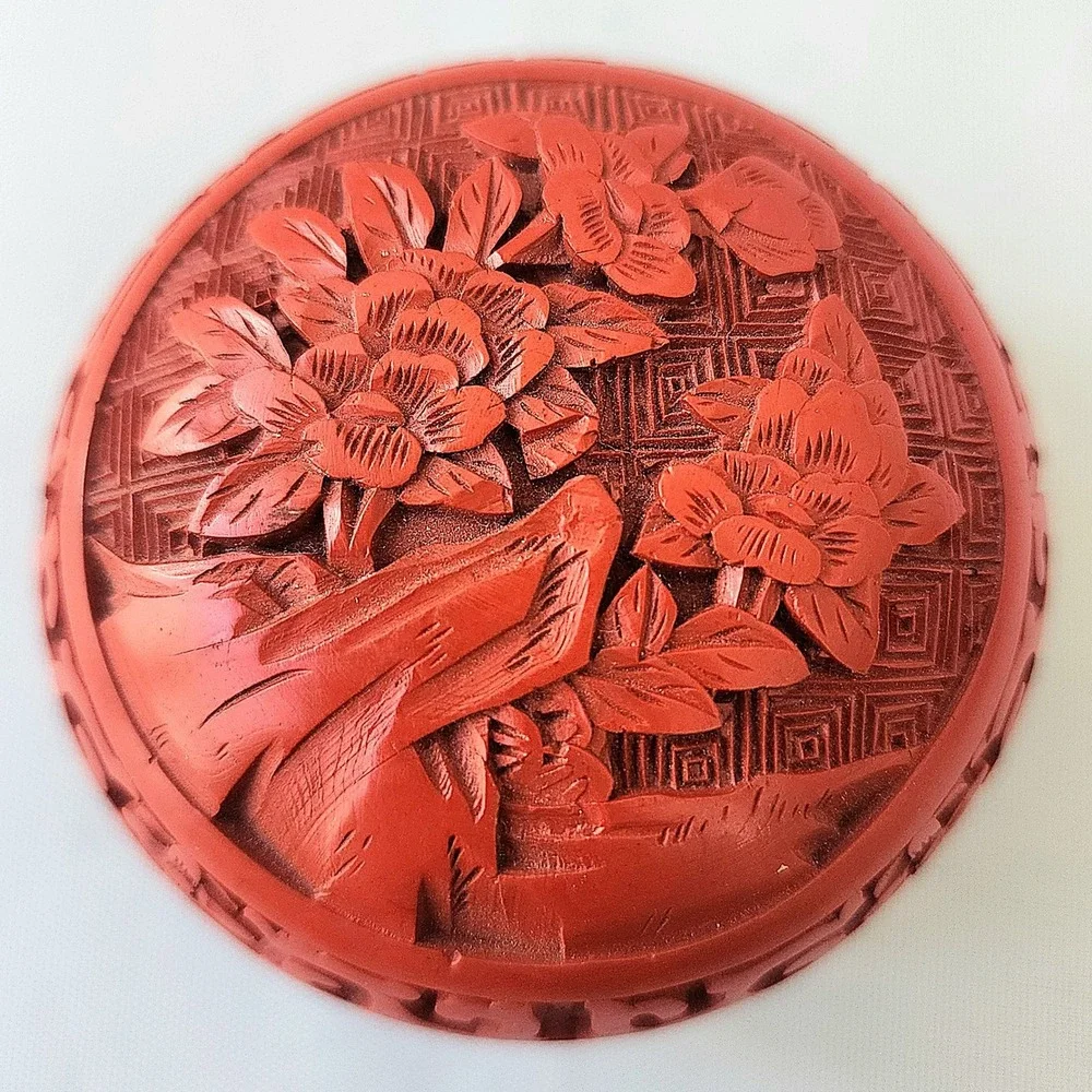 Chinese Cinnabar Lacquer Carved Floral Round Trinket Box Ancient Rare‎ Fine Art